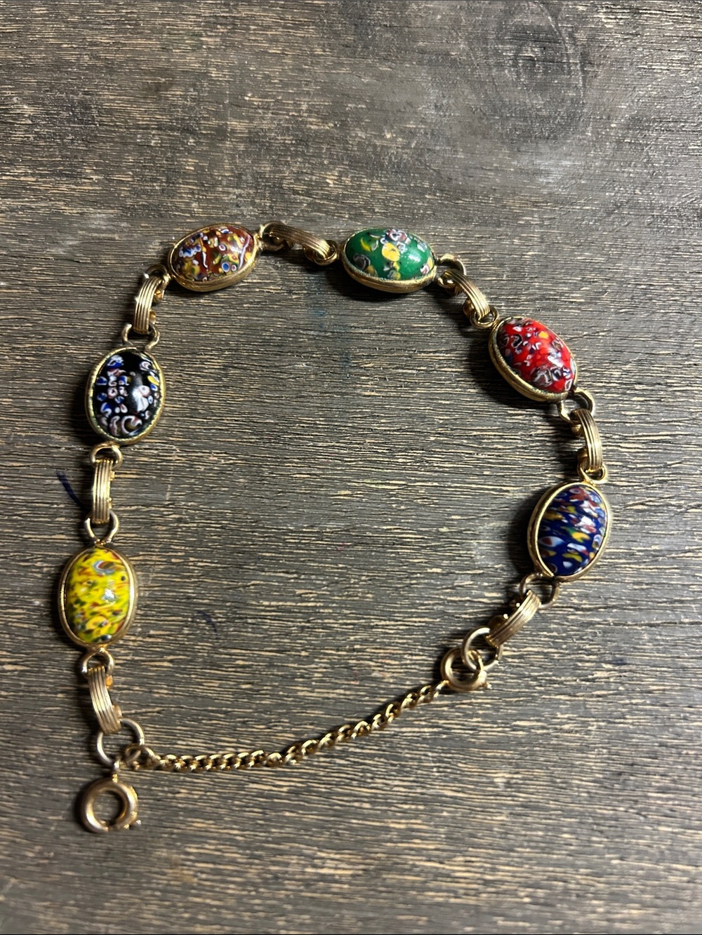 Vintage Gold Tone Safety Chain Millefiori Women’s Bracelet